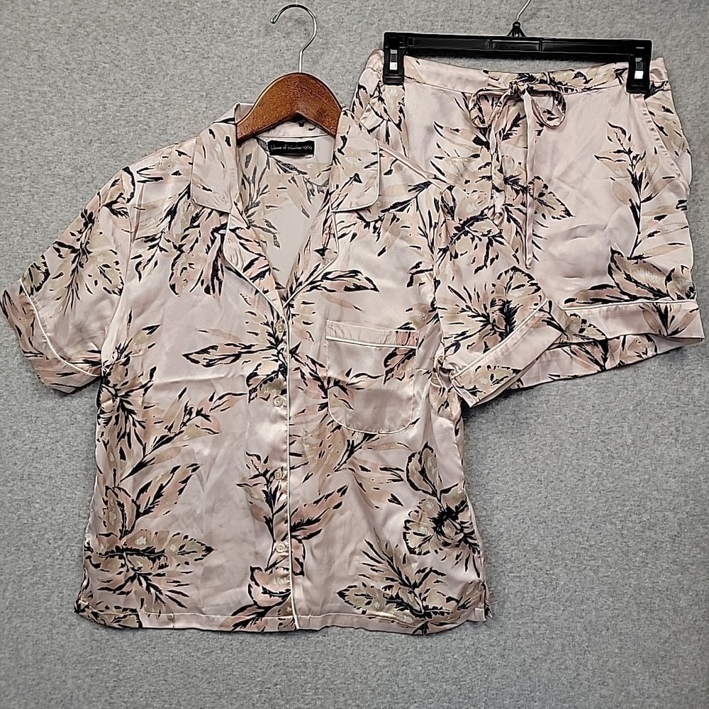 House of Harlow 1960 Pink Satin Top & Shorts Pajama Lounge Set Sz Small Tropical